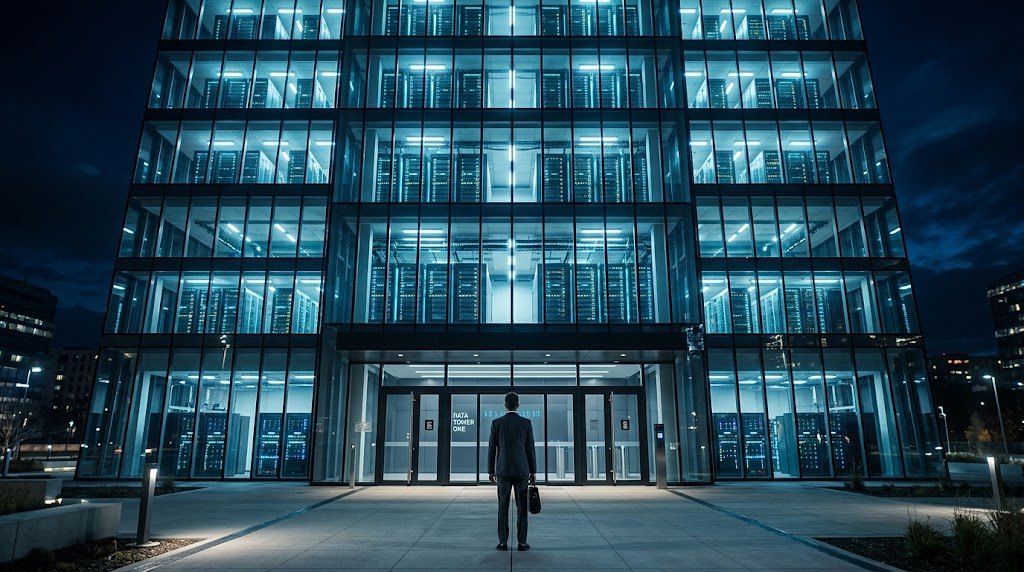 Un homme en costume, une mallette à la main, vu de dos devant l’entrée d’une tour de verre éclairée de nuit dont tous les étages sont remplis de baies de serveurs informatiques.