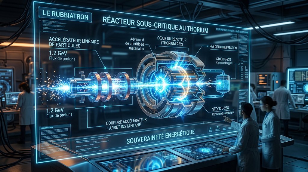 Schéma holographique du Rubbiatron : un accélérateur linéaire de particules (flux de protons de 1,2 GeV) projeté vers le cœur d’un réacteur sous-critique au thorium, devant des ingénieurs en blouse blanche. Les mentions à l’écran rappellent l’absence de haute pression, l’arrêt instantané dès la coupure de l’accélérateur et la souveraineté énergétique.
